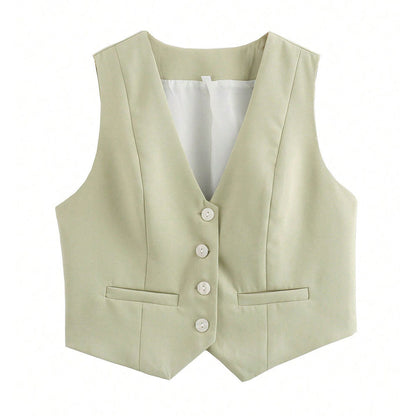 Chic V-Neck Sleeveless Vest – Elegant Women’s Single-Breasted White Waistcoat Top for Stylish Office or Casual Spring Outfits