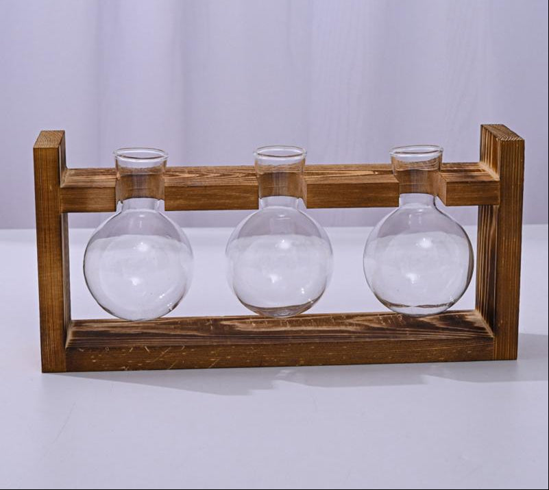 Glass Propagation Station – Tabletop Hydroponic Plant Vase with Wooden Tray for Home, Office and Elegant Botanical Display
