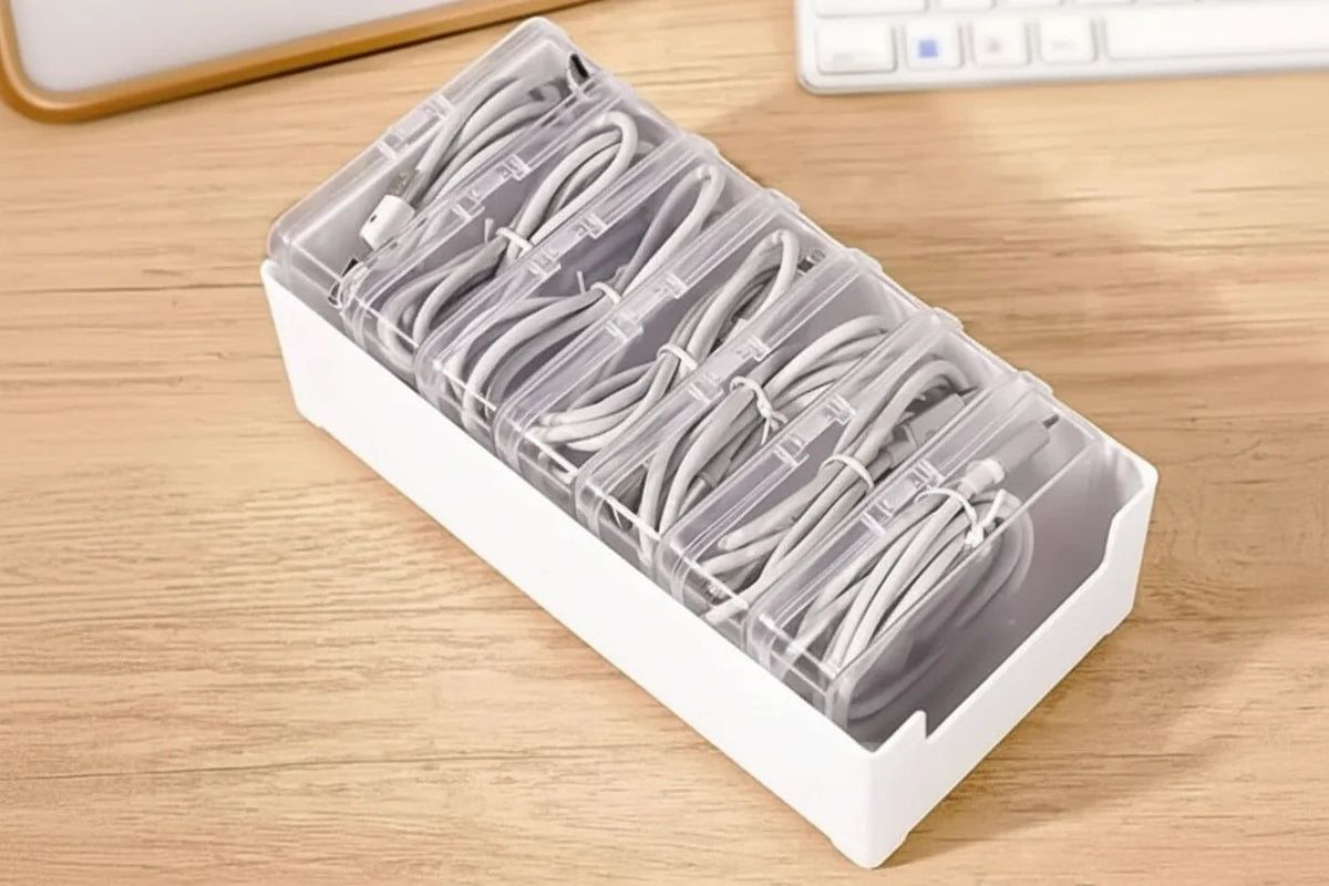 Transparent Cable Storage Box – Divided Grid Organizer for Phone Chargers, USB Data Cables and Household Electronic Accessories