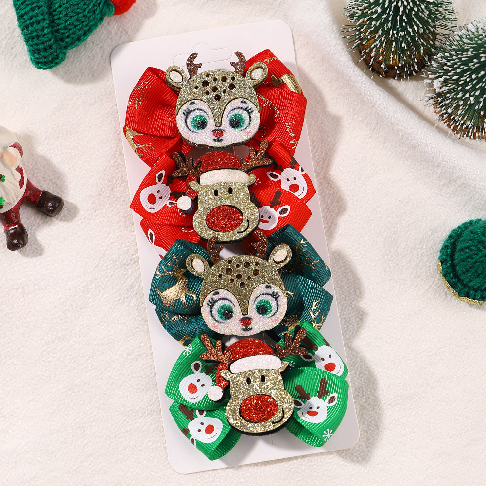 Girls Christmas Hair Clip Set - 4-Piece Santa and Deer Sparkly Hairpins, Cute Holiday Accessories for Kidsâ€™ Parties and Festive Outfits