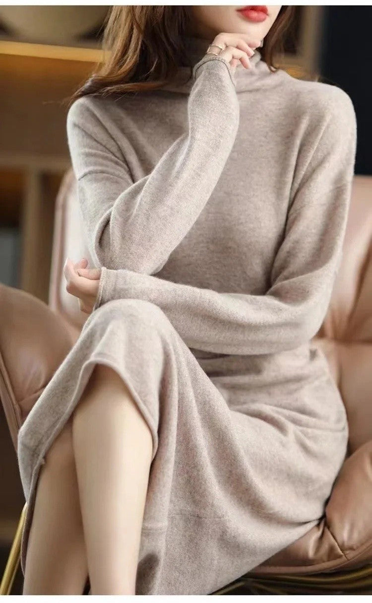 Purple Cashmere Sweater Dress- Women Slim Fit Knee Length Knit Dress for Autumn Winter Elegant Warm Fashion Styling