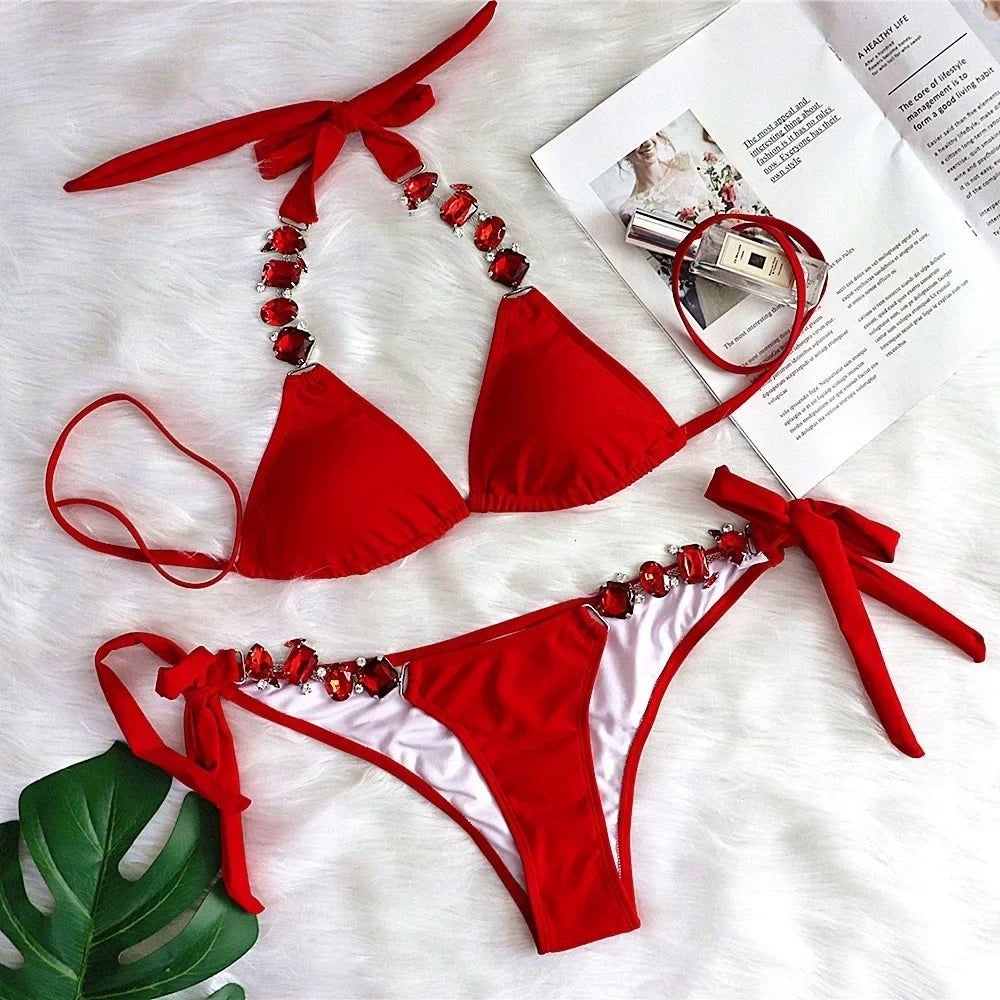 Crystal Diamond Chain Bikini Set – Shiny Push-Up Swimwear for Women, Sexy 6-Color Options, Elegant Sparkling Beachwear Design