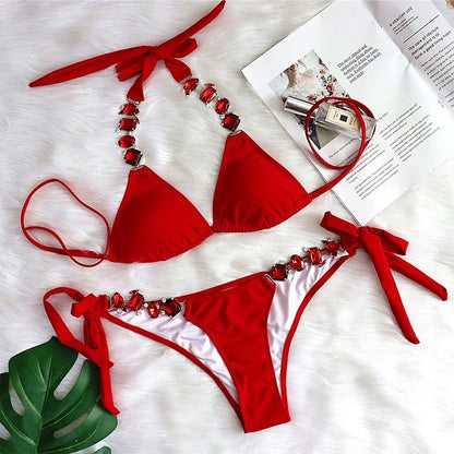 Crystal Diamond Chain Bikini Set – Shiny Push-Up Swimwear for Women, Sexy 6-Color Options, Elegant Sparkling Beachwear Design