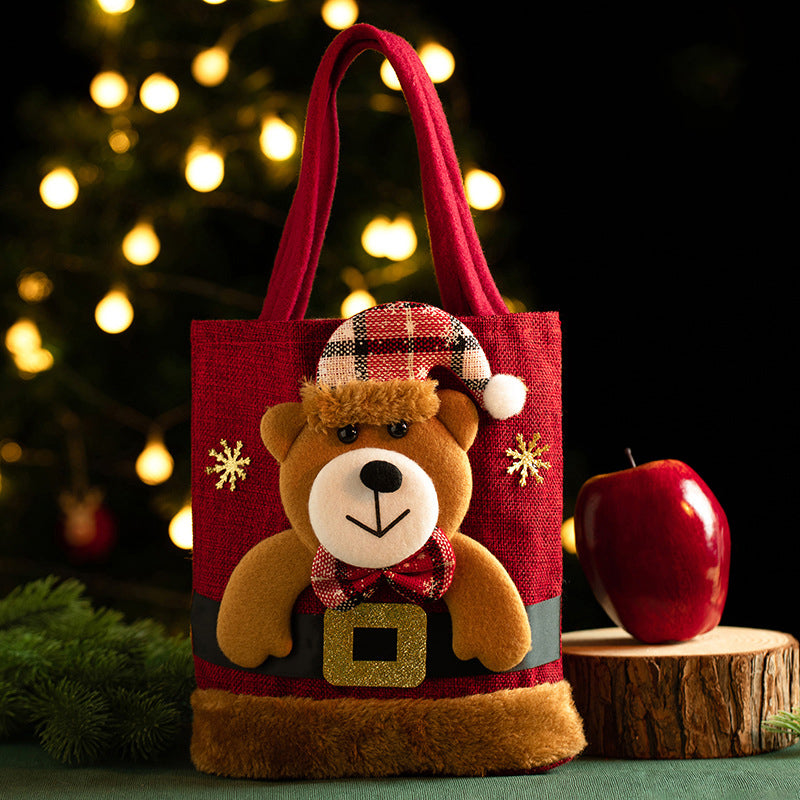 Christmas Linen Gift Bag for Kids - Candy Storage Handbag with Santa Claus Design, New Year Apple Bag for Xmas Eve and Holiday Party Gifts