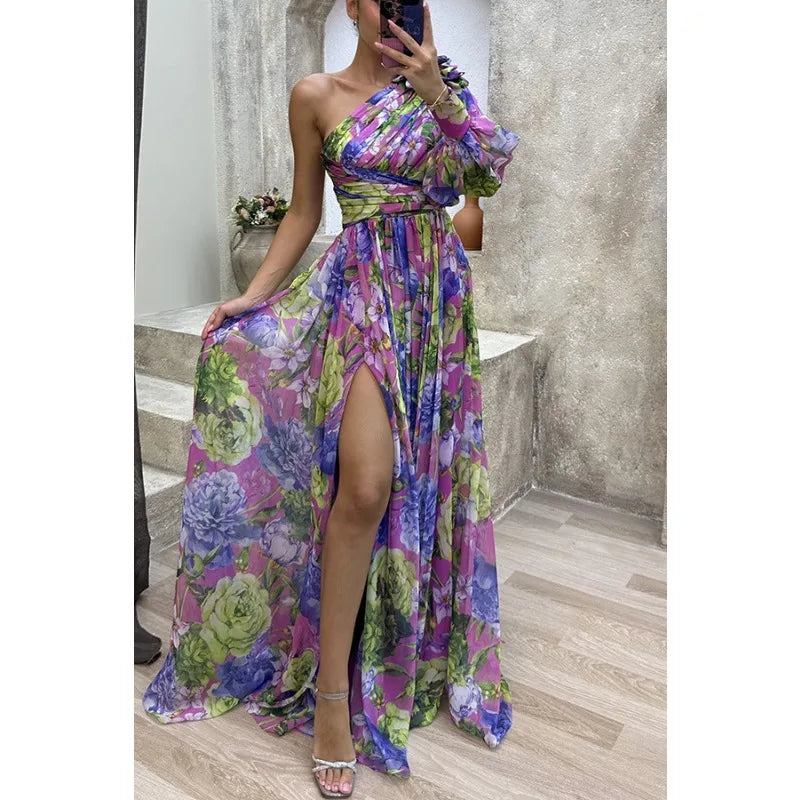 Off Shoulder Slit Dress Women - Long Sleeve Waist Tie Holiday Party Dress, Elegant Printed Fashion Outfit for Evening and Casual Wear