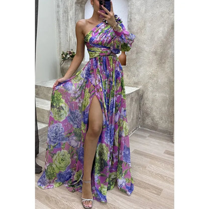 Off Shoulder Slit Dress Women - Long Sleeve Waist Tie Holiday Party Dress, Elegant Printed Fashion Outfit for Evening and Casual Wear