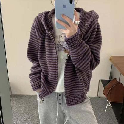 Retro Striped Knit Cardigan – Women's Zip Up Hooded Sweater with Loose Fit, Short Coat Design and Korean Autumn Winter Style