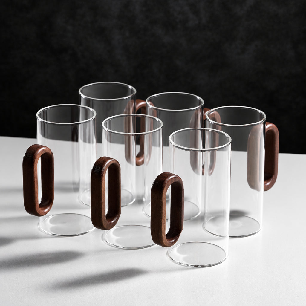 Heat-Resistant Glass Mug Set – Transparent Teacups with Wooden Handles for Coffee, Milk, Juice, Breakfast, Home Entertaining and Elegant Party Drinkware