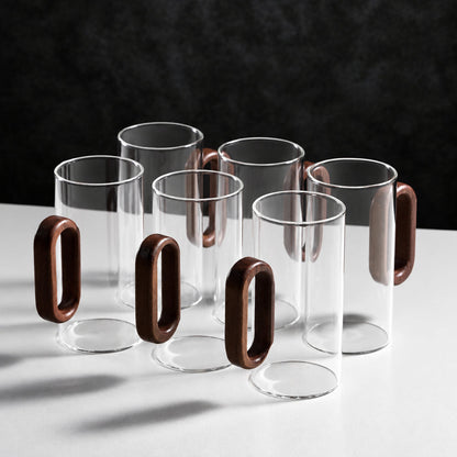 Heat-Resistant Glass Mug Set – Transparent Teacups with Wooden Handles for Coffee, Milk, Juice, Breakfast, Home Entertaining and Elegant Party Drinkware
