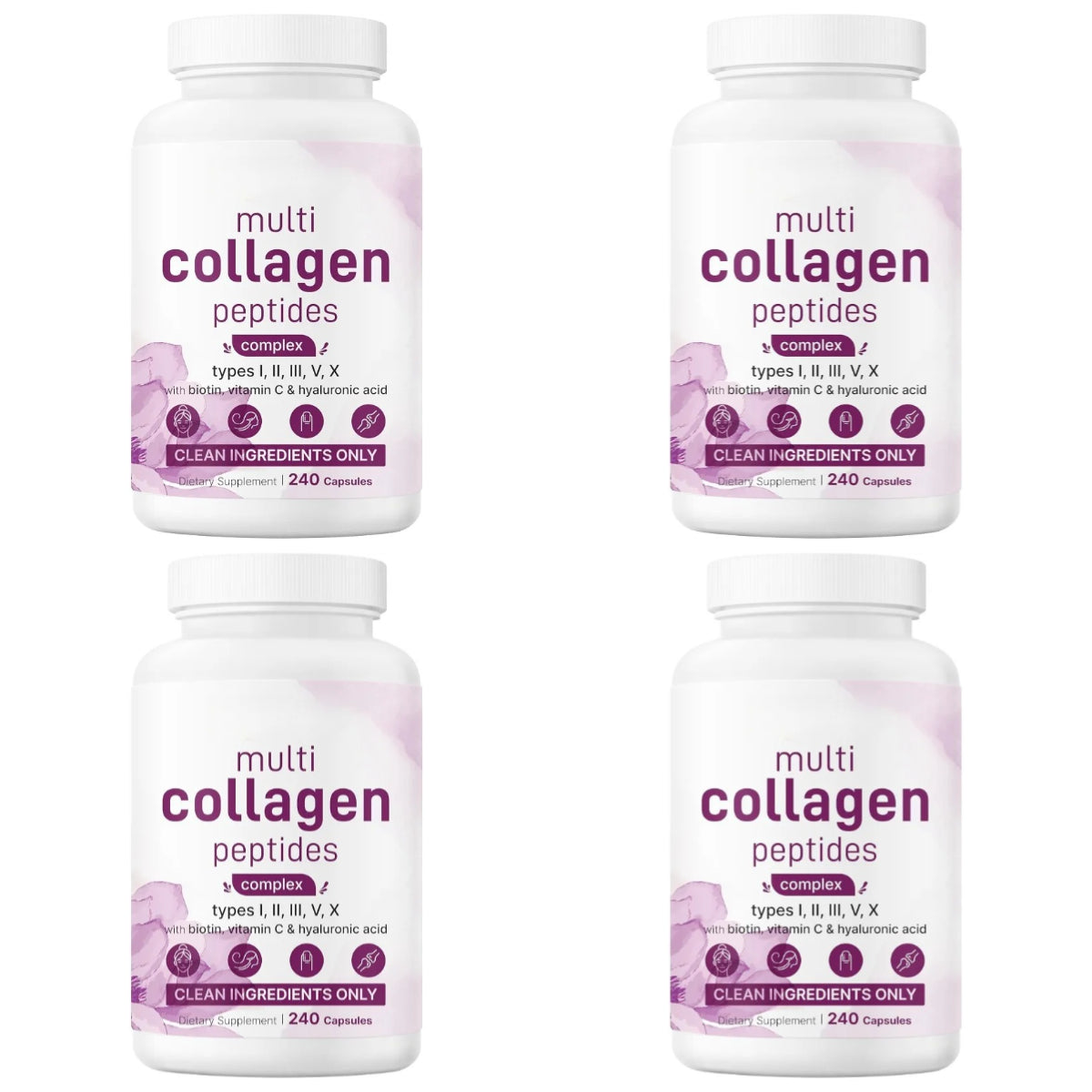 Multi Collagen Peptides Capsules – 240-Count Types I, II, III, V and X with Biotin, Vitamin C and Hyaluronic Acid