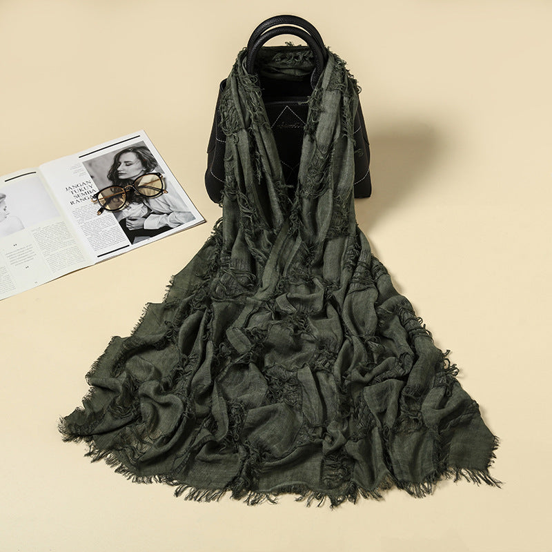 Vintage Ripped Punk Scarf – Distressed Tassel Cotton Linen Shawl for Y2K, Techwear, Tactical & Edgy Streetwear Fashion