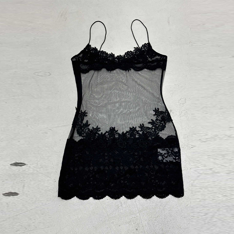 Elegant Embroidered Mesh Long Dress – Floral Sheer Spaghetti Strap Slim Fit Gown, Summer Nightwear for Women, Chic Transparent Design
