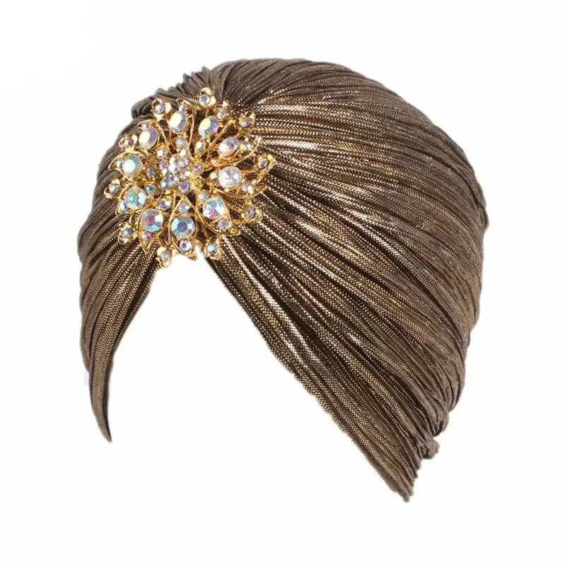 Luxury Jewel Turban Hat for Women – Gold and Silver Diamond Pleated Headwear for Chemo, Hijab, and Elegant Cultural Styling