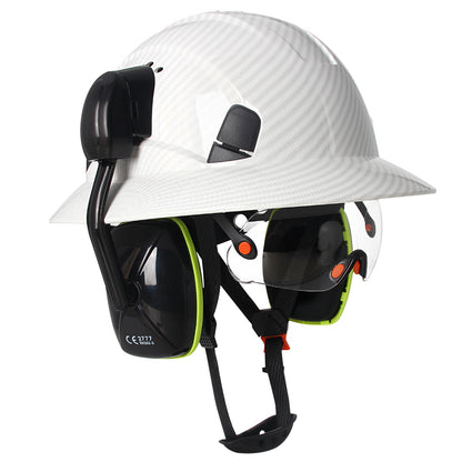 Full Brim Hard Hat with Built-In Eye Shield & Earmuffs – Vented HDPE Safety Helmet, ANSI Z89.1 Type I Class C
