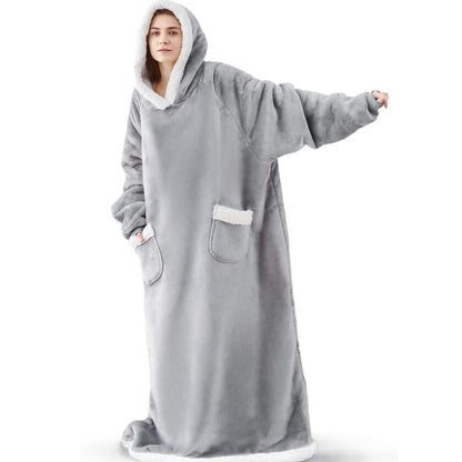 Giant Wearable Blanket Hoodie – 180cm Oversized Flannel Pajamas with Sleeves and Hood for Men and Women, Warm Winter Loungewear