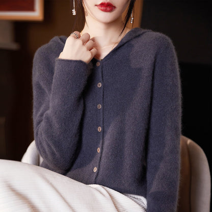 Women Cashmere Hooded Cardigan- Seamless Wool Knit Sweater with Loose Fit Design, Cozy Autumn Winter Outerwear for Elegant Casual Fashion