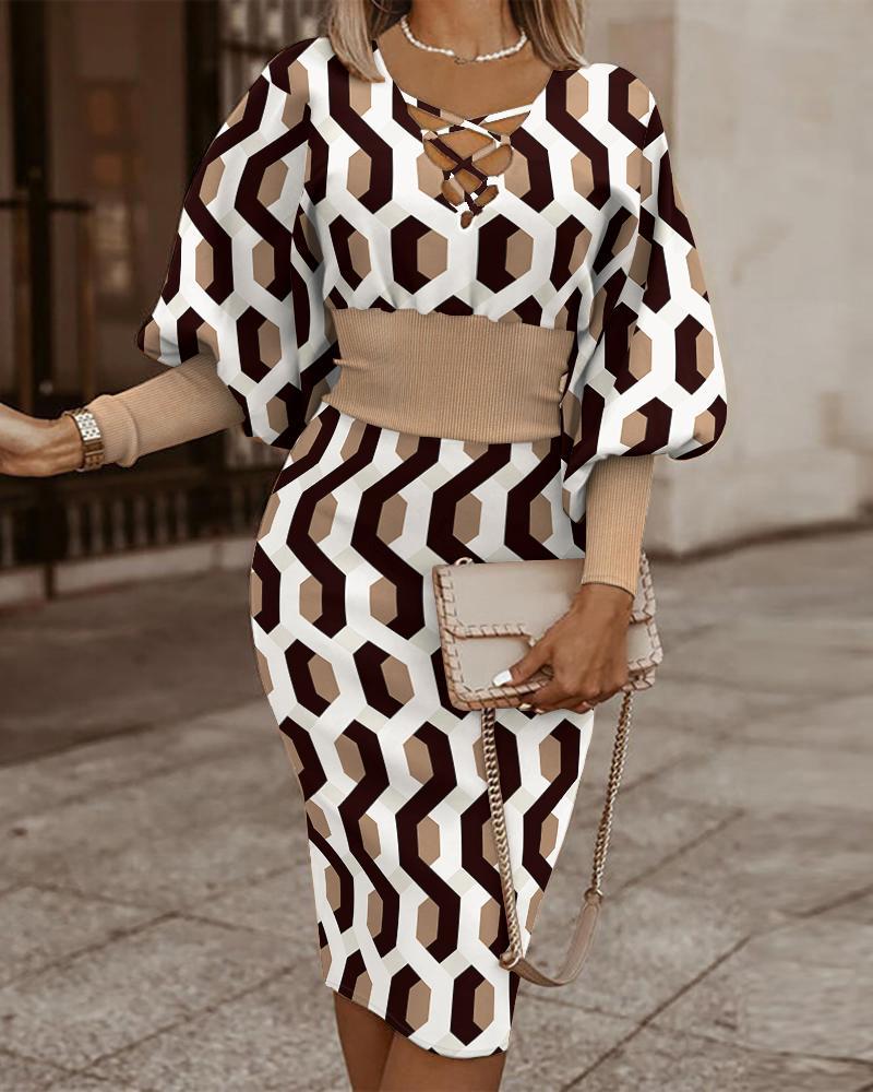 Women Maze Print Party Dress - Elegant Long Sleeve Slim Fit V Neck Dress with Hollow Out Detail for Clubwear Fashion