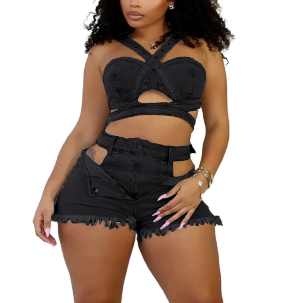 Women's Sexy Denim Two Piece Set - Crop Top and Cut Out Shorts Outfit, Trendy Summer Clubwear Streetwear Fashion Set