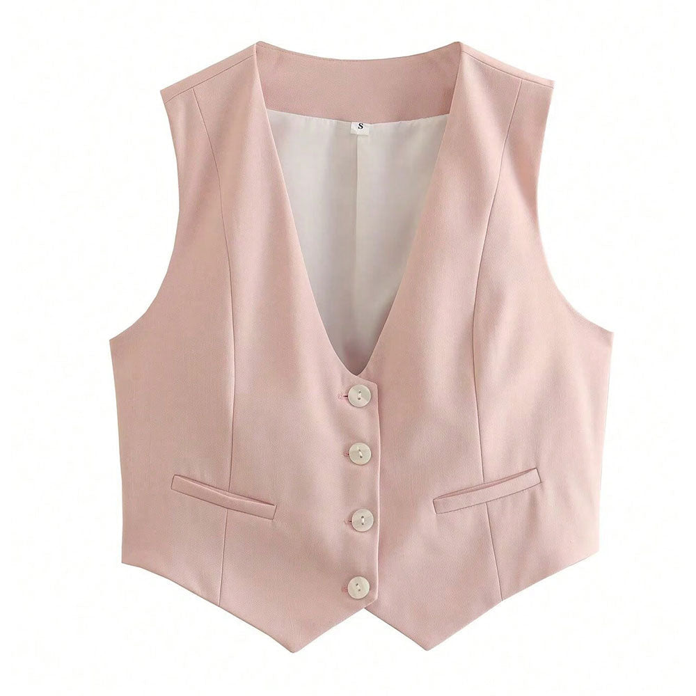 Chic V-Neck Sleeveless Vest – Elegant Women’s Single-Breasted White Waistcoat Top for Stylish Office or Casual Spring Outfits
