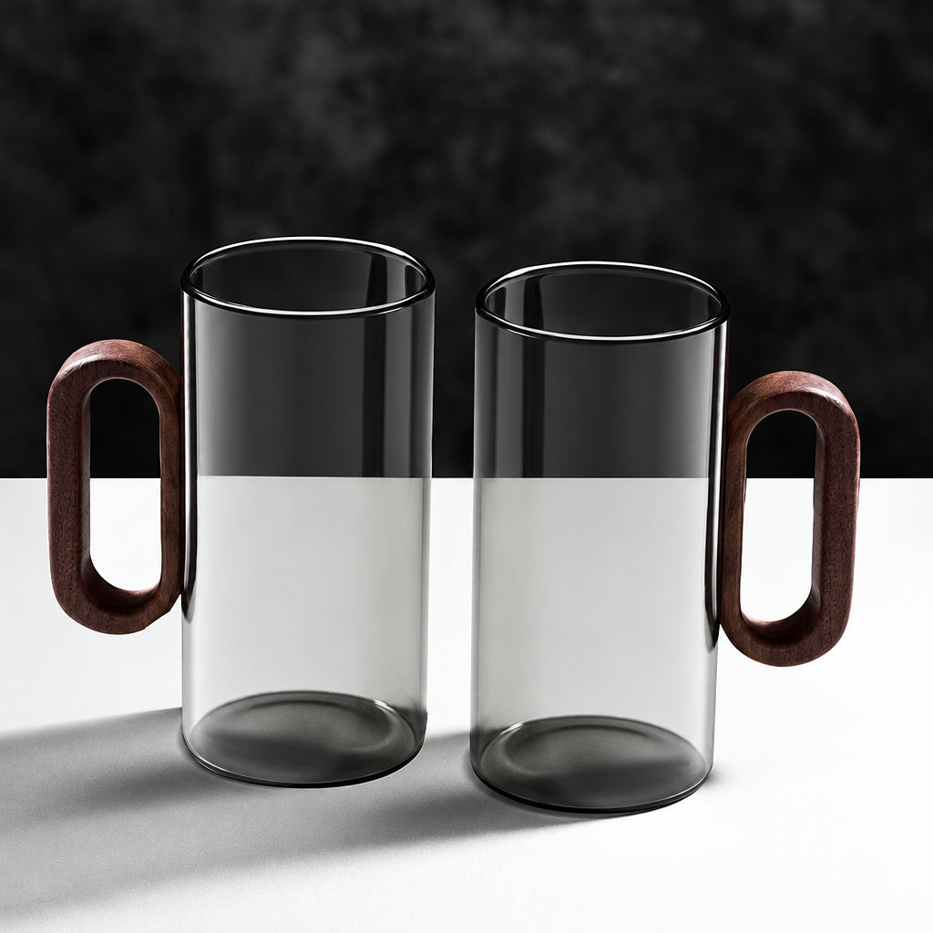 Heat-Resistant Glass Mug Set – Transparent Teacups with Wooden Handles for Coffee, Milk, Juice, Breakfast, Home Entertaining and Elegant Party Drinkware