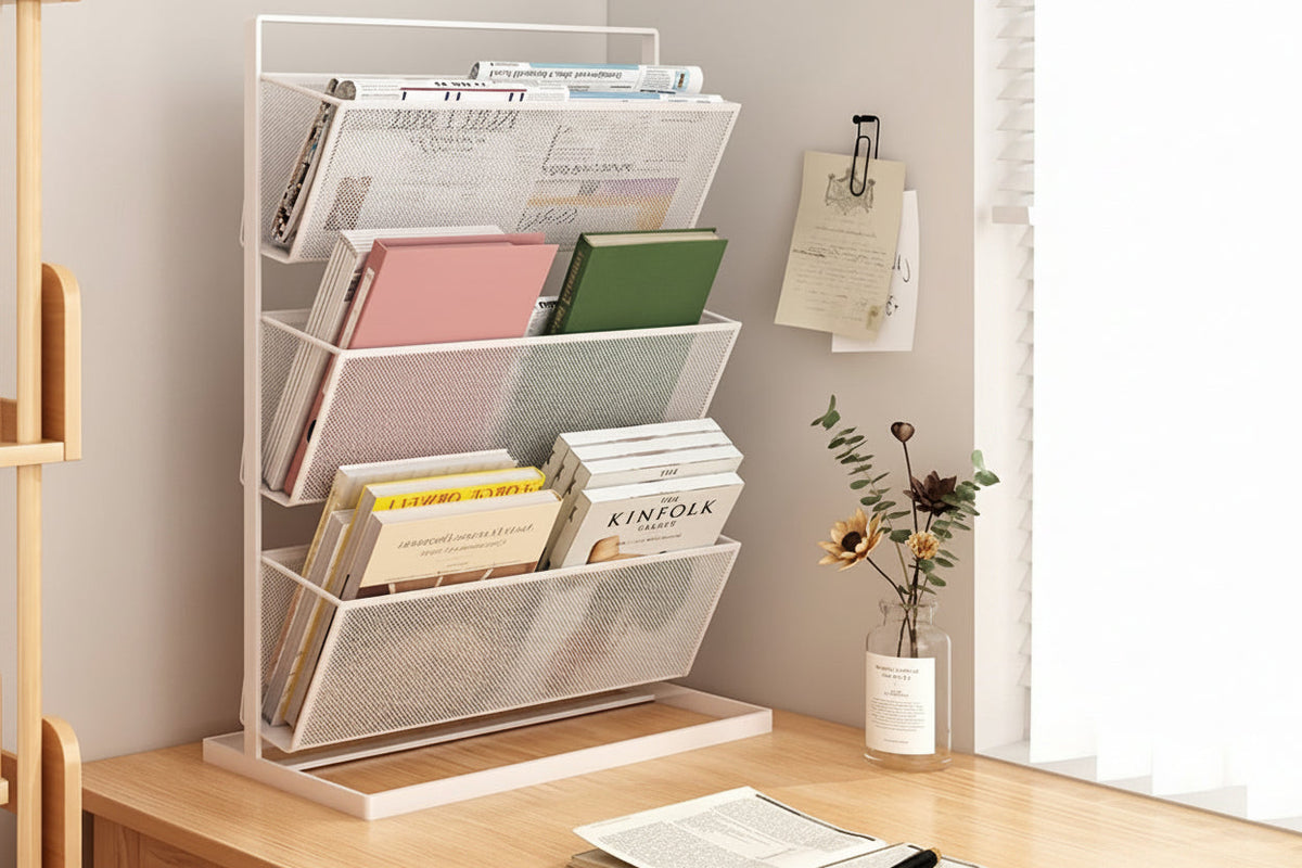 Tilted Desktop Book Organizer – Multi Tier Book Rack for Office, School and Home Study with Space Saving Vertical Storage