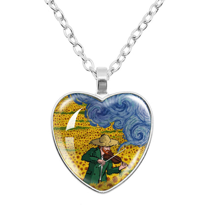 Van Gogh Starry Night Necklace – Artistic Glass Cabochon Pendant Jewelry Featuring Sunflower Painting Design for Women, Art Lovers and Gifts