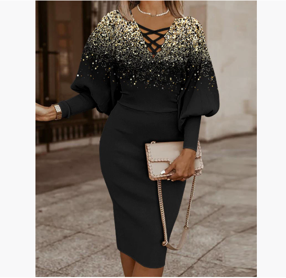 Women Maze Print Party Dress - Elegant Long Sleeve Slim Fit V Neck Dress with Hollow Out Detail for Clubwear Fashion