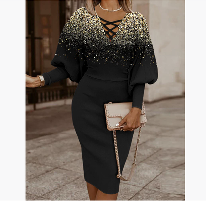 Women Maze Print Party Dress - Elegant Long Sleeve Slim Fit V Neck Dress with Hollow Out Detail for Clubwear Fashion