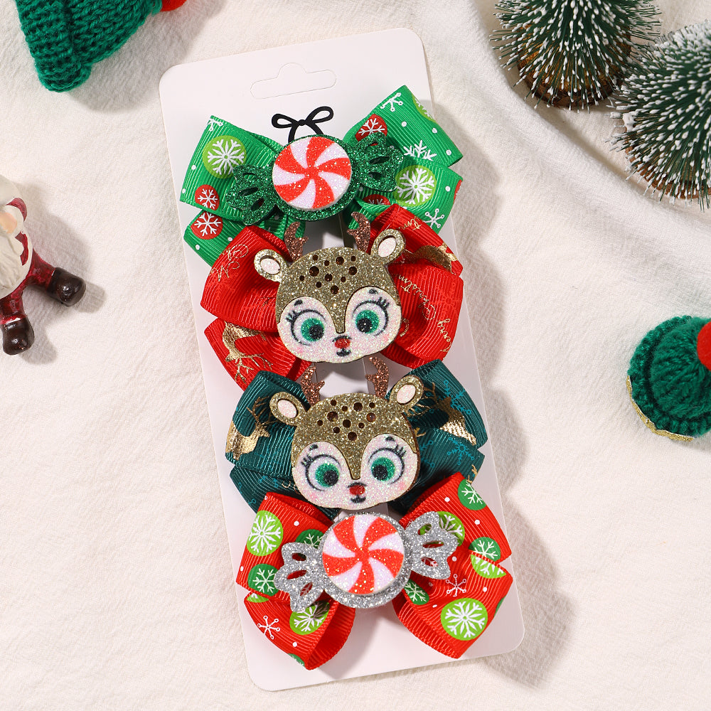 Girls Christmas Hair Clip Set - 4-Piece Santa and Deer Sparkly Hairpins, Cute Holiday Accessories for Kidsâ€™ Parties and Festive Outfits