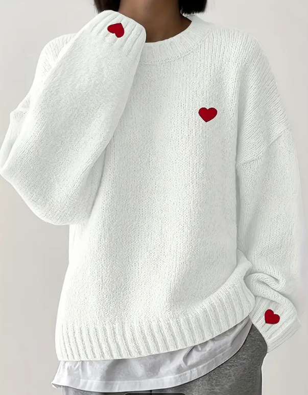 Women's Red Heart Knit Sweater – Long Sleeve Embroidered Pullover Top for Autumn Spring Casual Wear, Couples and Valentine's Gifts