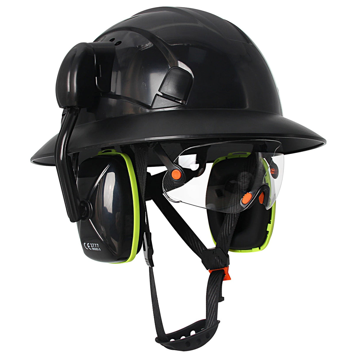Full Brim Hard Hat with Built-In Eye Shield & Earmuffs – Vented HDPE Safety Helmet, ANSI Z89.1 Type I Class C