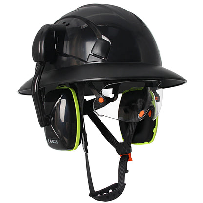 Full Brim Hard Hat with Built-In Eye Shield & Earmuffs – Vented HDPE Safety Helmet, ANSI Z89.1 Type I Class C