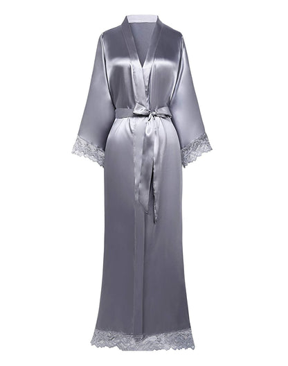 Luxury Silk Satin Lace Robe – Long Bridal Bathrobe for Women, Elegant Lingerie & Bridesmaid Wedding Nightwear