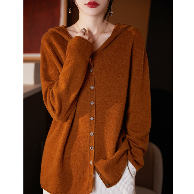Women Cashmere Hooded Cardigan- Seamless Wool Knit Sweater with Loose Fit Design, Cozy Autumn Winter Outerwear for Elegant Casual Fashion