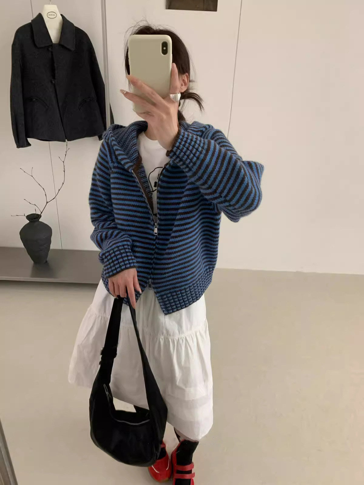 Retro Striped Knit Cardigan – Women's Zip Up Hooded Sweater with Loose Fit, Short Coat Design and Korean Autumn Winter Style