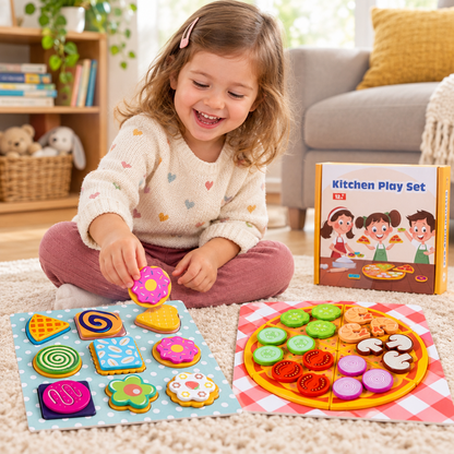 Wooden Donut Pizza Cookie Puzzle Set – Pretend Food Educational Toy for Kids with Matching, Sorting and Creative Kitchen Roleplay Fun