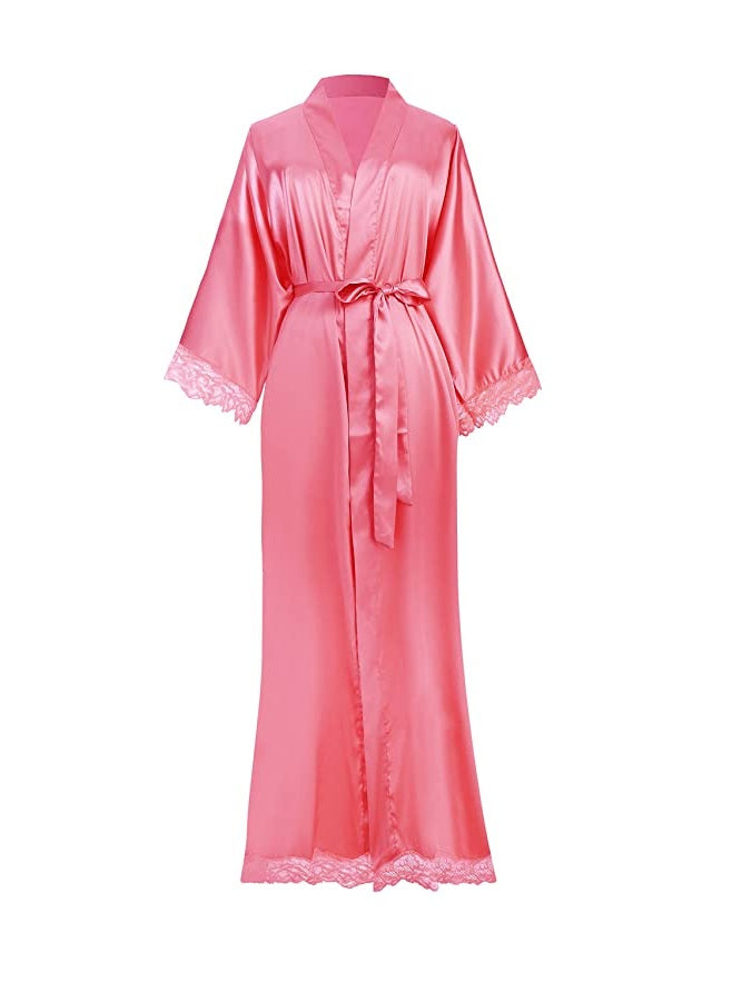 Luxury Silk Satin Lace Robe – Long Bridal Bathrobe for Women, Elegant Lingerie & Bridesmaid Wedding Nightwear