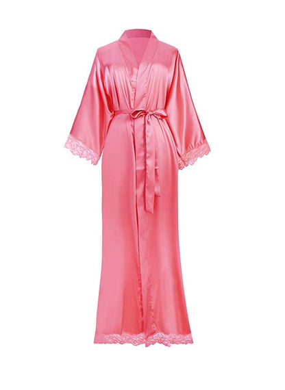 Luxury Silk Satin Lace Robe – Long Bridal Bathrobe for Women, Elegant Lingerie & Bridesmaid Wedding Nightwear