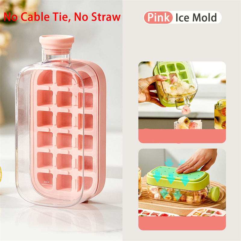 Silicone One-Click Ice Mold Bottle Cooler – No-Touch Ice Cube Tray with Straw Lid for Summer Drinks and Freezer Use