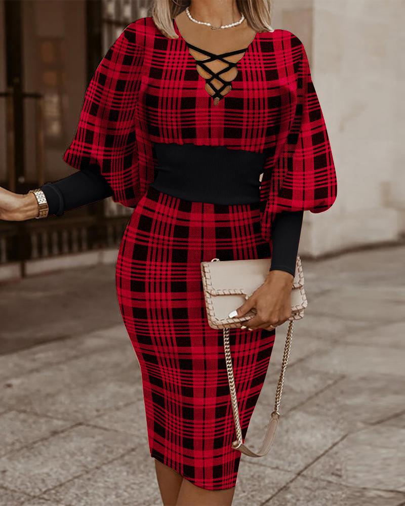 Women Maze Print Party Dress - Elegant Long Sleeve Slim Fit V Neck Dress with Hollow Out Detail for Clubwear Fashion