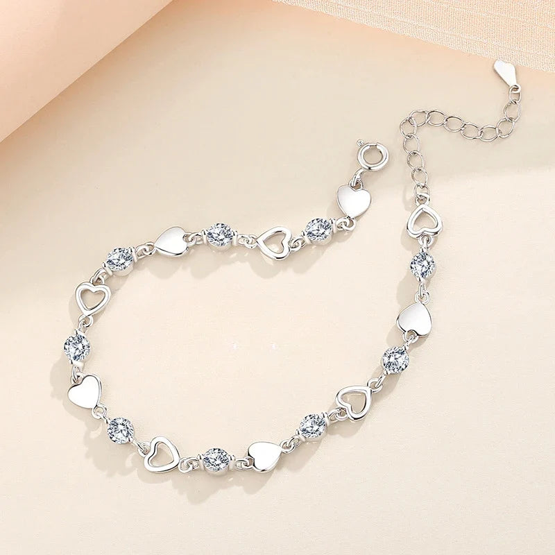 Sterling Silver Heart Bracelet – 925 Korean Pink Crystal Charm Jewelry with Romantic Design for Women, Parties, Anniversaries and Gifts