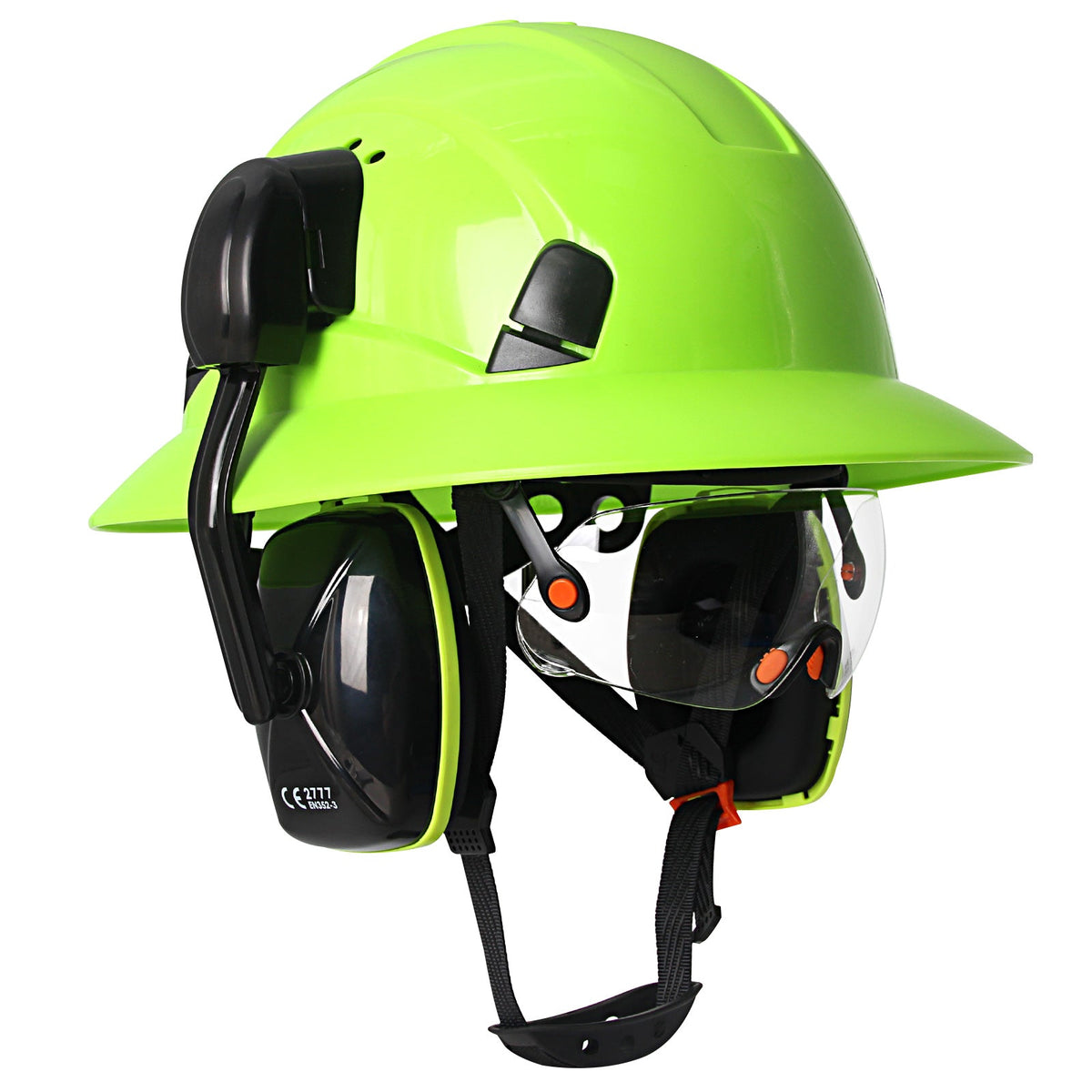 Full Brim Hard Hat with Built-In Eye Shield & Earmuffs – Vented HDPE Safety Helmet, ANSI Z89.1 Type I Class C