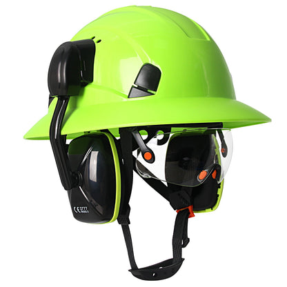 Full Brim Hard Hat with Built-In Eye Shield & Earmuffs – Vented HDPE Safety Helmet, ANSI Z89.1 Type I Class C