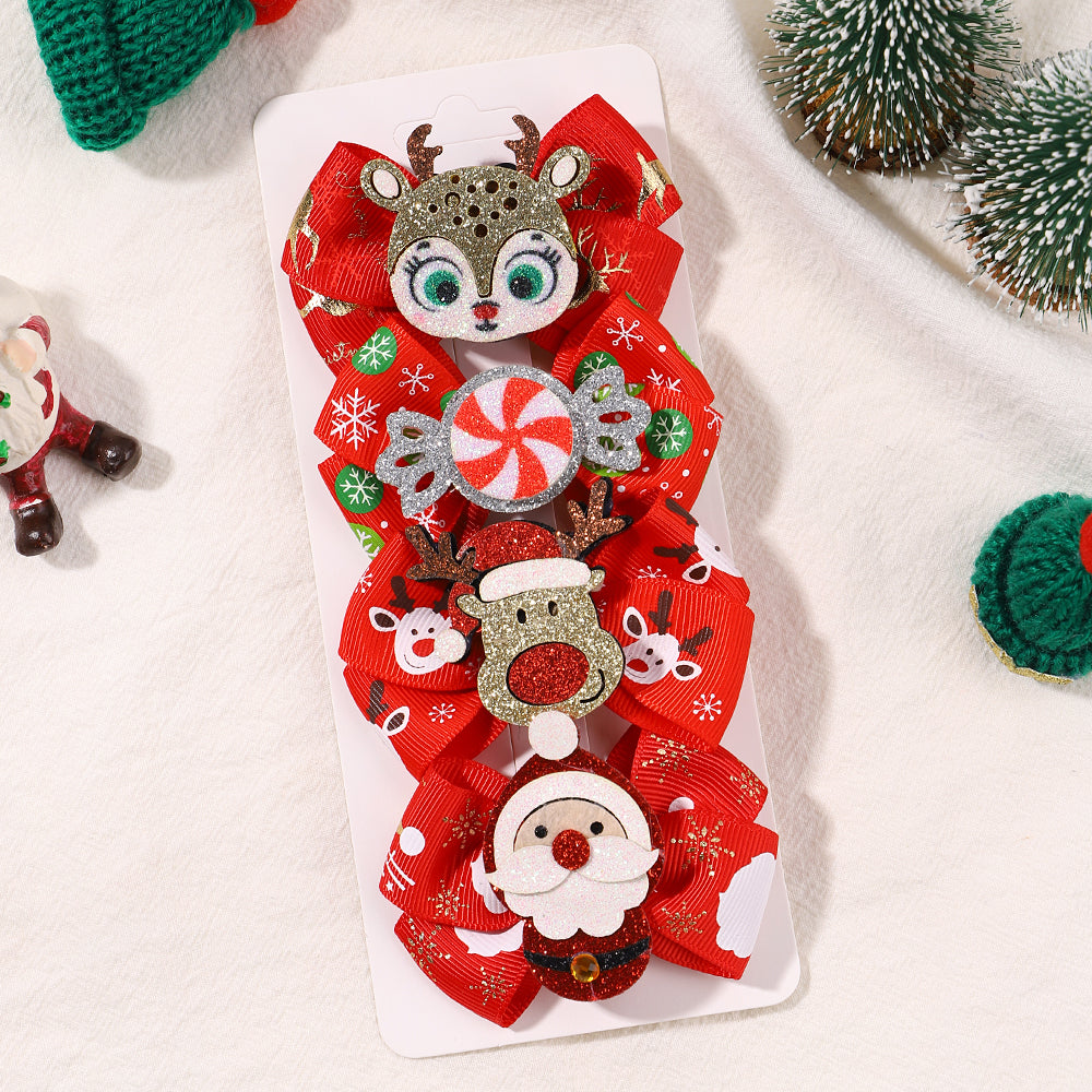 Girls Christmas Hair Clip Set - 4-Piece Santa and Deer Sparkly Hairpins, Cute Holiday Accessories for Kidsâ€™ Parties and Festive Outfits
