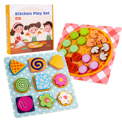 Wooden Donut Pizza Cookie Puzzle Set – Pretend Food Educational Toy for Kids with Matching, Sorting and Creative Kitchen Roleplay Fun
