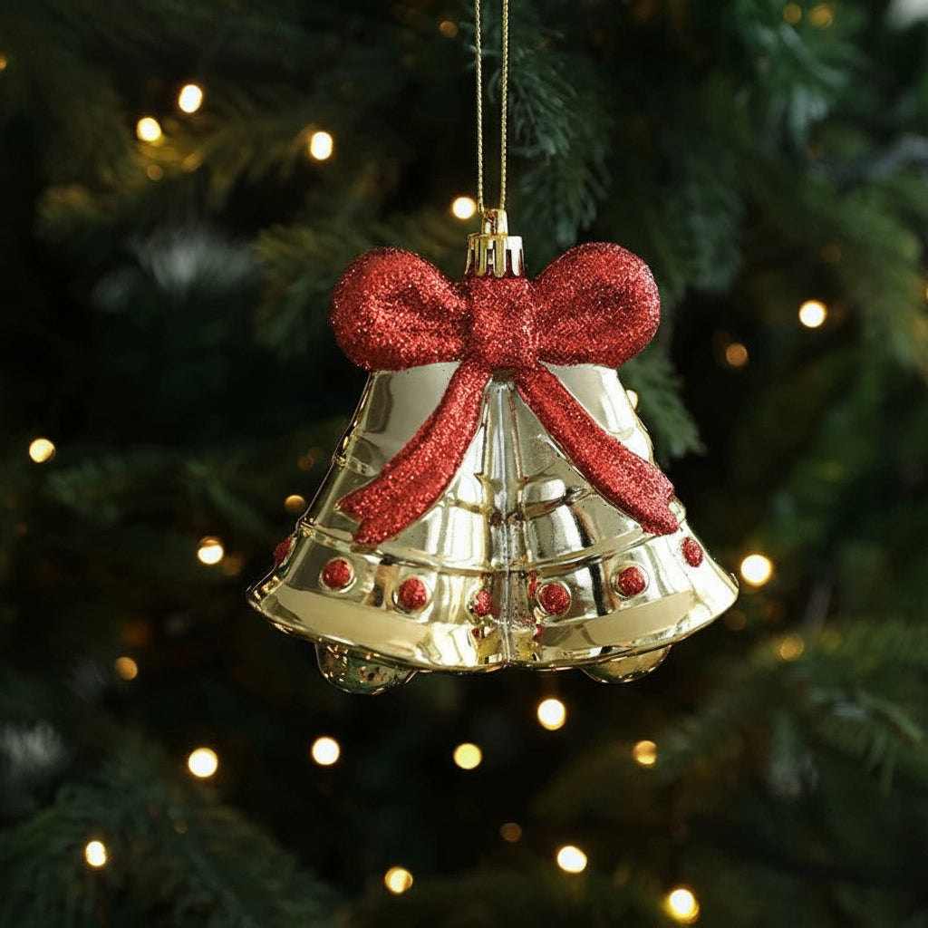 Gold Bear Bell Christmas Tree Ornaments – Holiday Hanging Decoration for Home, Parties, New Year & Festive Navidad Décor