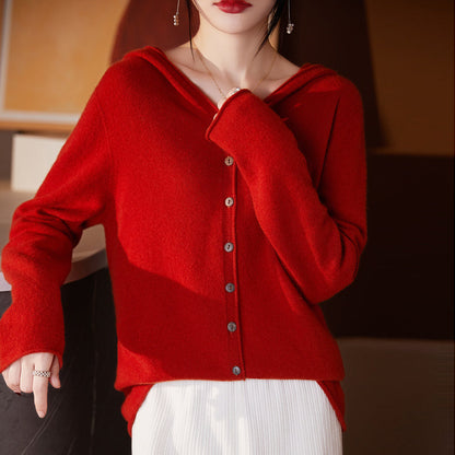 Women Cashmere Hooded Cardigan- Seamless Wool Knit Sweater with Loose Fit Design, Cozy Autumn Winter Outerwear for Elegant Casual Fashion
