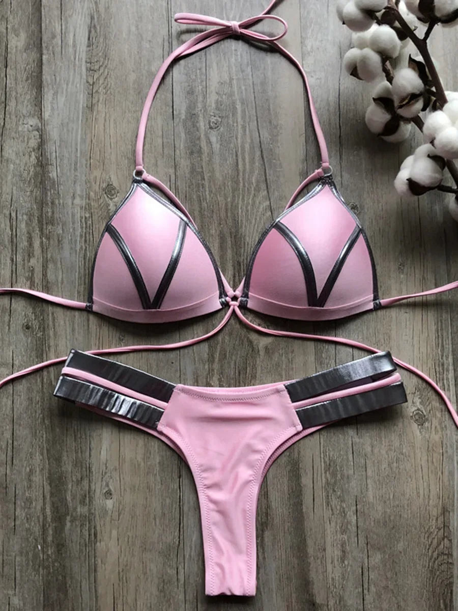 Halter Push-Up Brazilian Bikini Set – Bandage String Swimsuit for Women, Sexy Two-Piece Beachwear for 2025 Trends