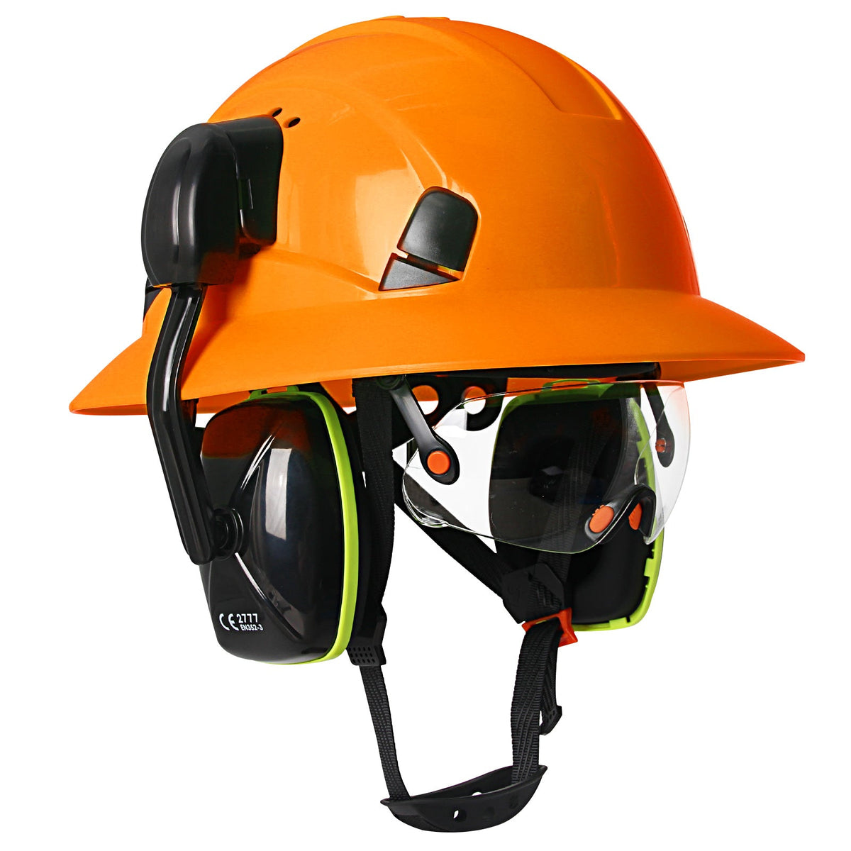Full Brim Hard Hat with Built-In Eye Shield & Earmuffs – Vented HDPE Safety Helmet, ANSI Z89.1 Type I Class C