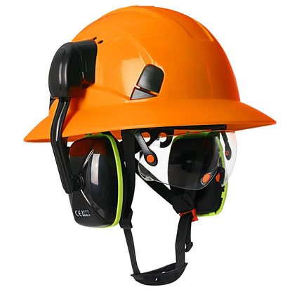 Full Brim Hard Hat with Built-In Eye Shield & Earmuffs – Vented HDPE Safety Helmet, ANSI Z89.1 Type I Class C